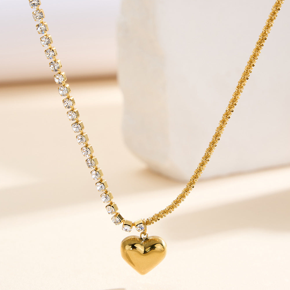 Gold Stainless Steel Two-Tone Choker Necklace, Half Tennis CZ Chain & Half Sparkle Chain with Puffy Heart Charm