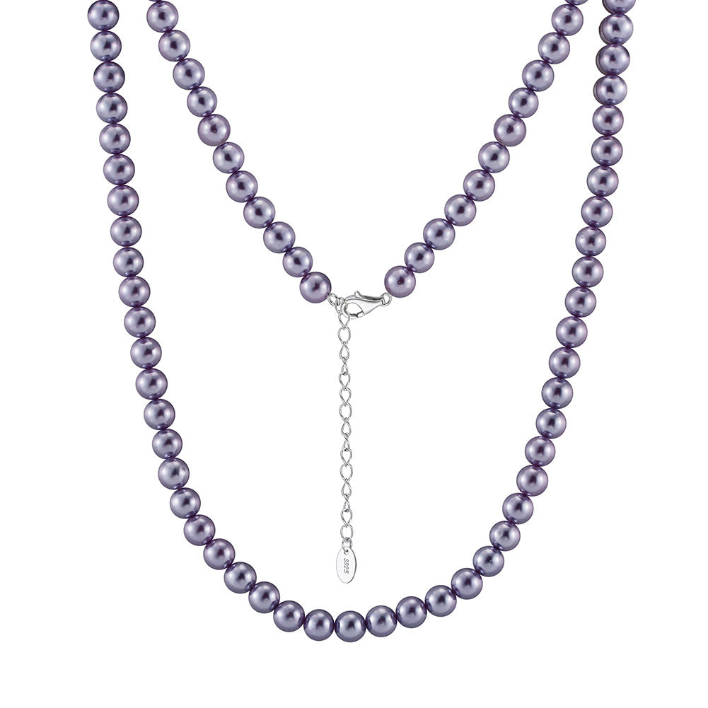 Purple Stainless Steel Round Pearl Strand Necklace, Smooth Lavender Pearl Beaded Adjustable Collar Necklace