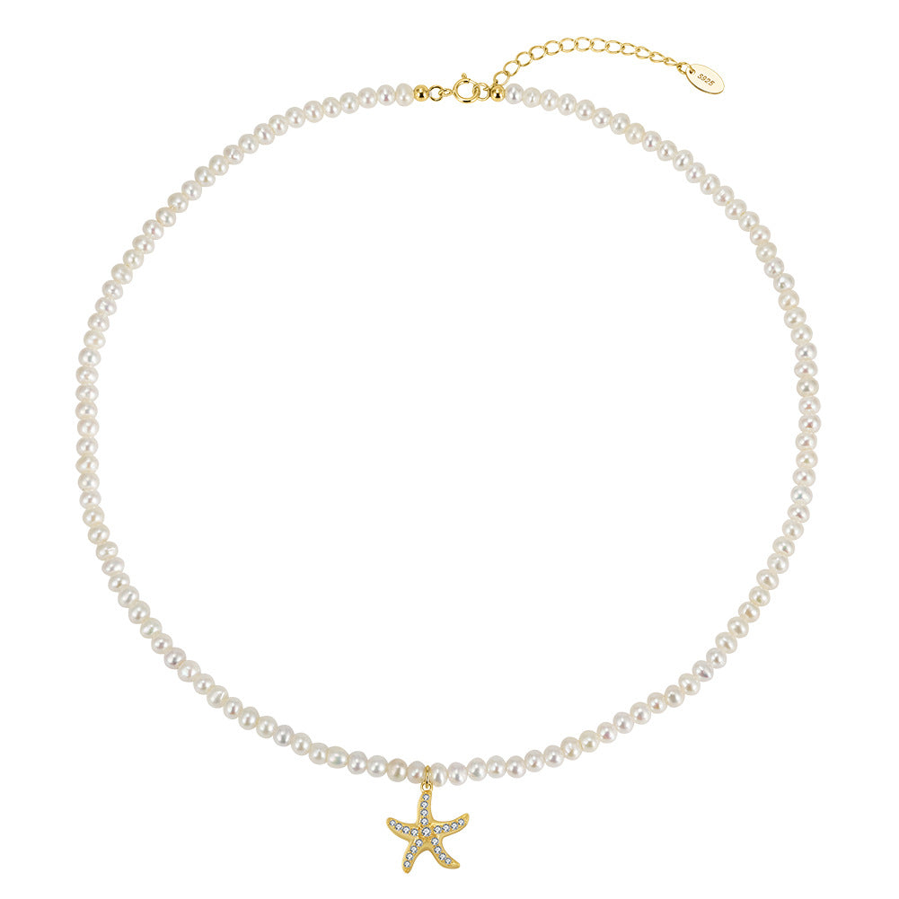 Mini Rice Freshwater Pearl Choker Necklace, Lustrous White Tiny Pearls with Paved Cubic Zirconia Starfish Pendant S925 Silver Chain