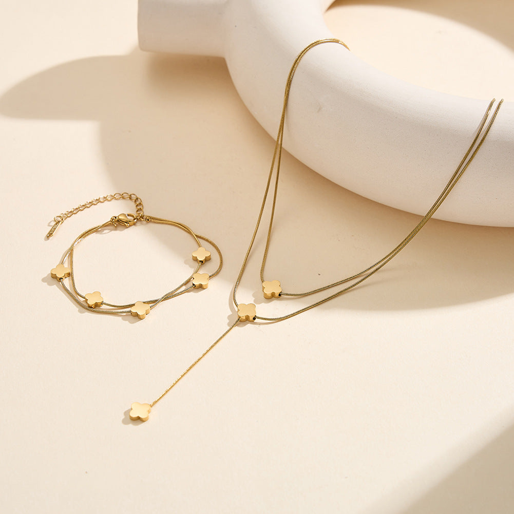 Gold Plated Stainless Steel Double Layer Snake Chain Clover Bracelet, 4 Solid Four Leaf Clover Charms