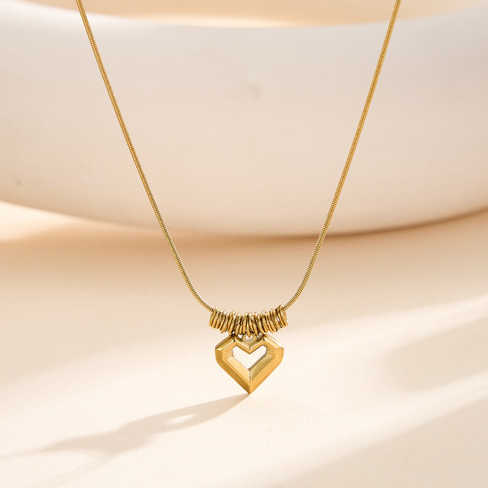 Gold Stainless Steel Hollow Heart Snake Chain Necklace, Multi Spring Wire Coil Accents Open Heart Geometric Pendant