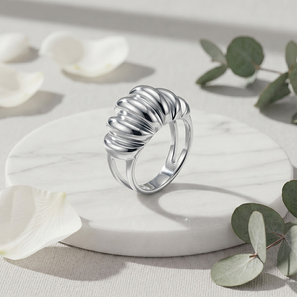Gold Plated Stainless Steel Statement Ring, Chunky Ribbed Shell Texture Open Band