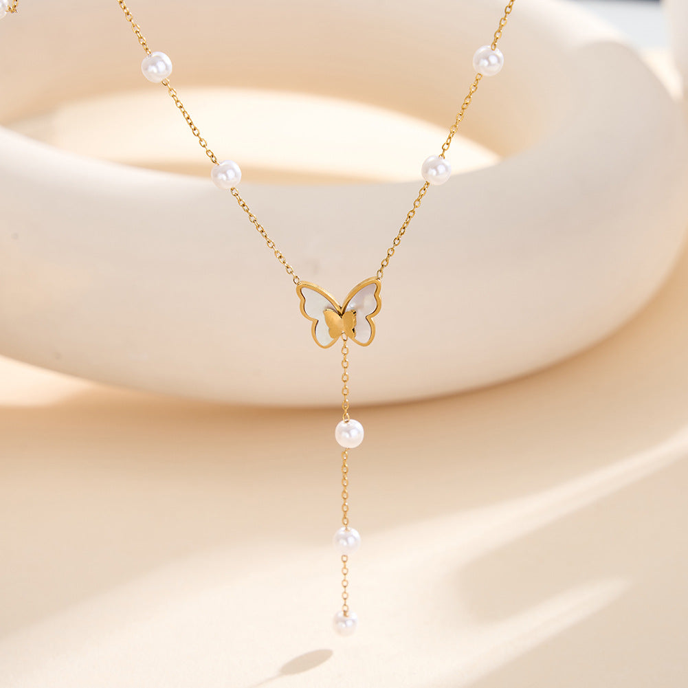 Silver Stainless Steel Y Drop Lariat Necklace, White Shell Inlay Butterfly Charm with Station White Pearl Beads