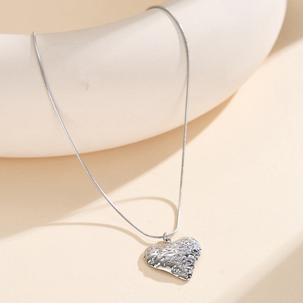 Gold Stainless Steel Hammered Heart Pendant Necklace, Textured Wavy Heart Charm Snake Chain Necklace