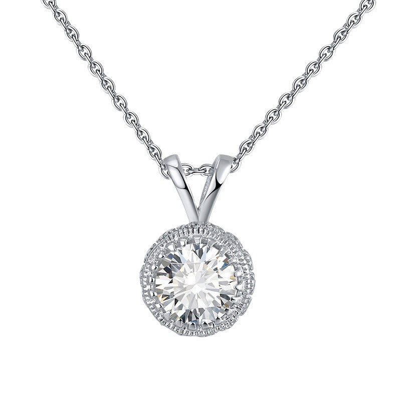 Silver Stainless Steel Round Halo CZ Pendant Necklace, Large Center Round CZ Surrounded By Small CZ Stones Rolo Chain