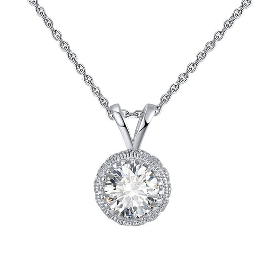 Silver Stainless Steel Round Halo CZ Pendant Necklace, Large Center Round CZ Surrounded By Small CZ Stones Rolo Chain