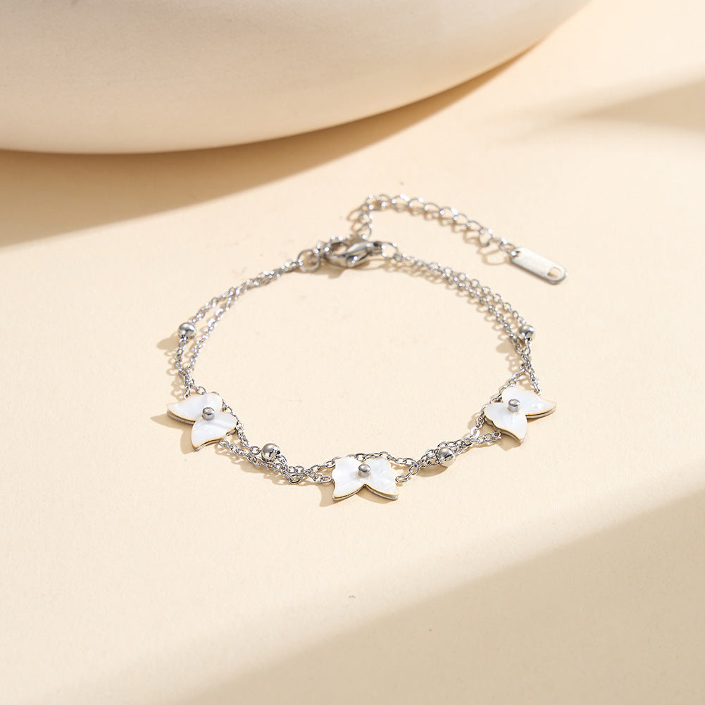 Silver Stainless Steel Double Layer Cable Chain Bracelet, 3 Matte White Butterfly Charms & Round Spacer Beads, Stackable