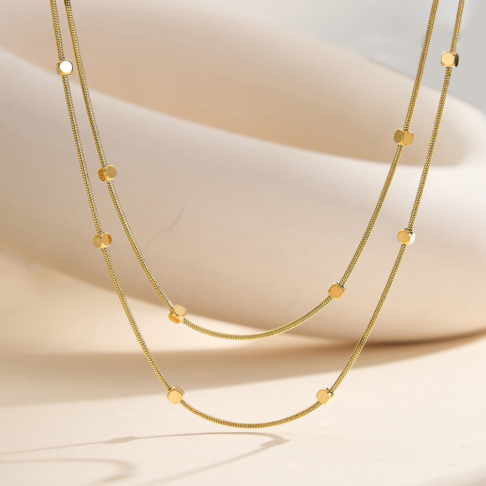 Gold Stainless Steel Double Layer Station Necklace, Thin Snake Chain with Small Square Flat Beads, 2-Tier Stackable Design