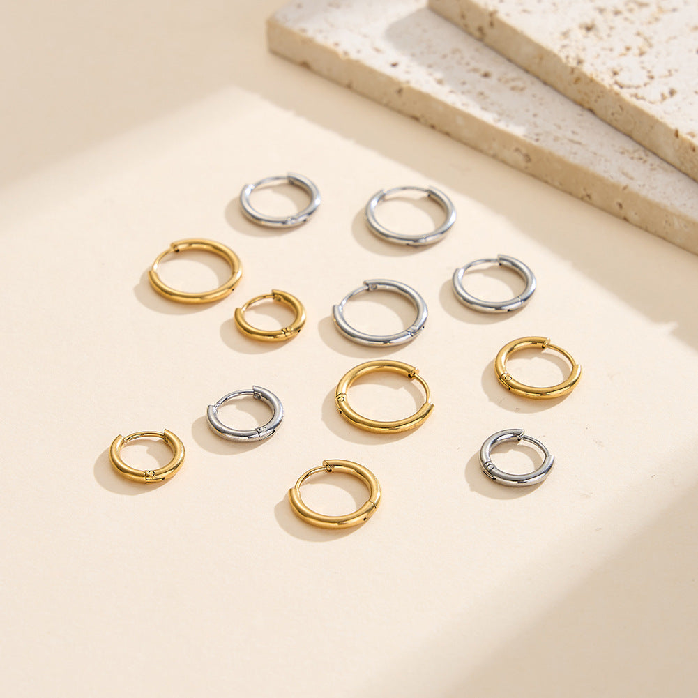Gold Plated Stainless Steel Polished Round Huggie Hoop Earring Set, 3 Pairs