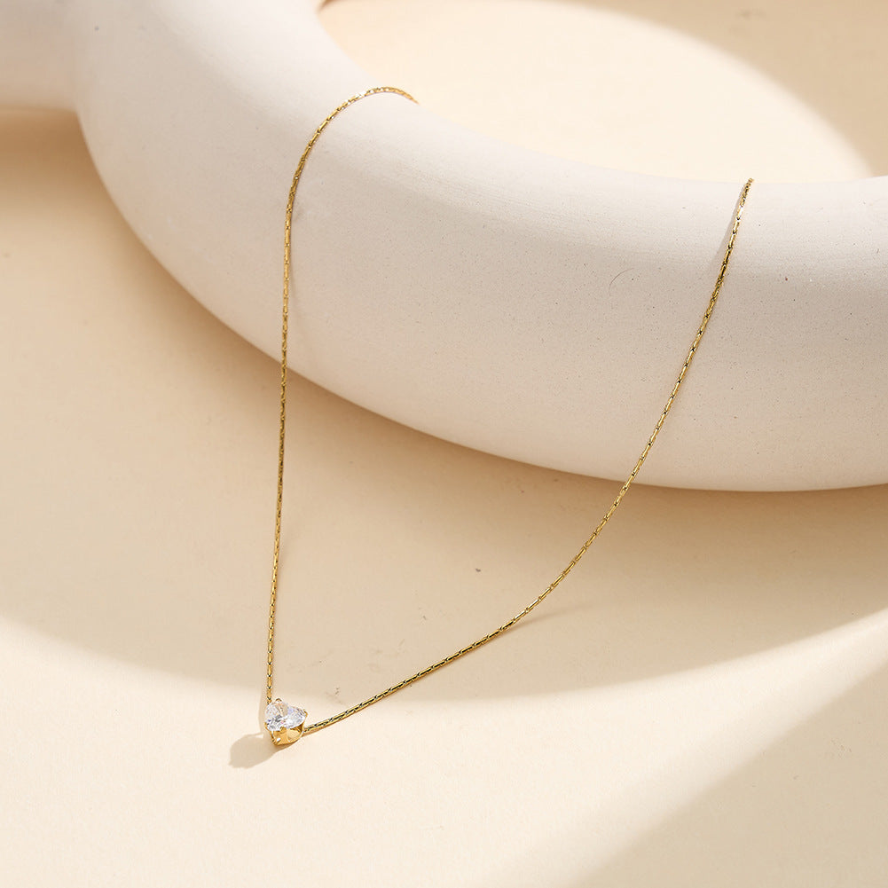 Gold Stainless Steel Heart Cut CZ Solitaire Necklace, Single Heart Shaped Clear Cubic Zirconia 4-Prong Set Thin Rectangular Link Chain