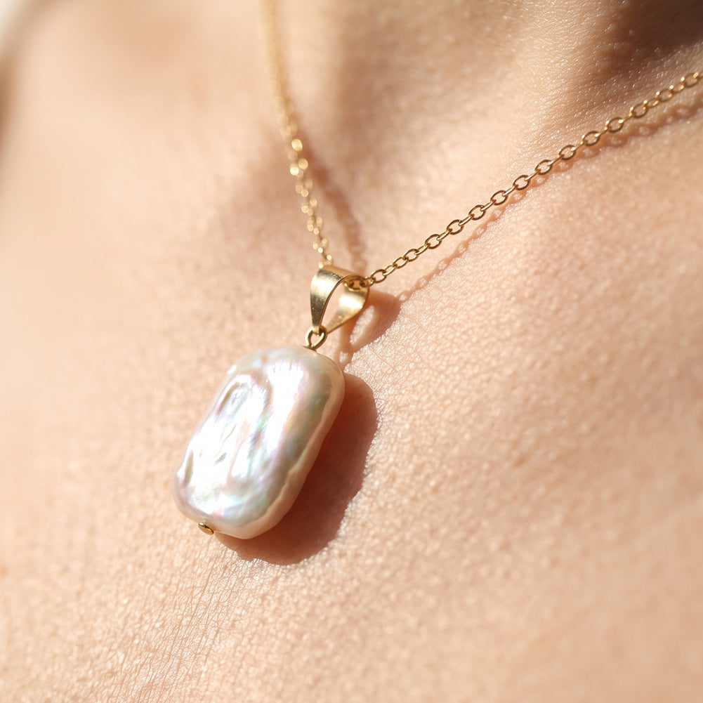 Freeform Baroque Freshwater Pearl Necklace, Rainbow Iridescent Lustre Pearl Silver Pendant Necklace