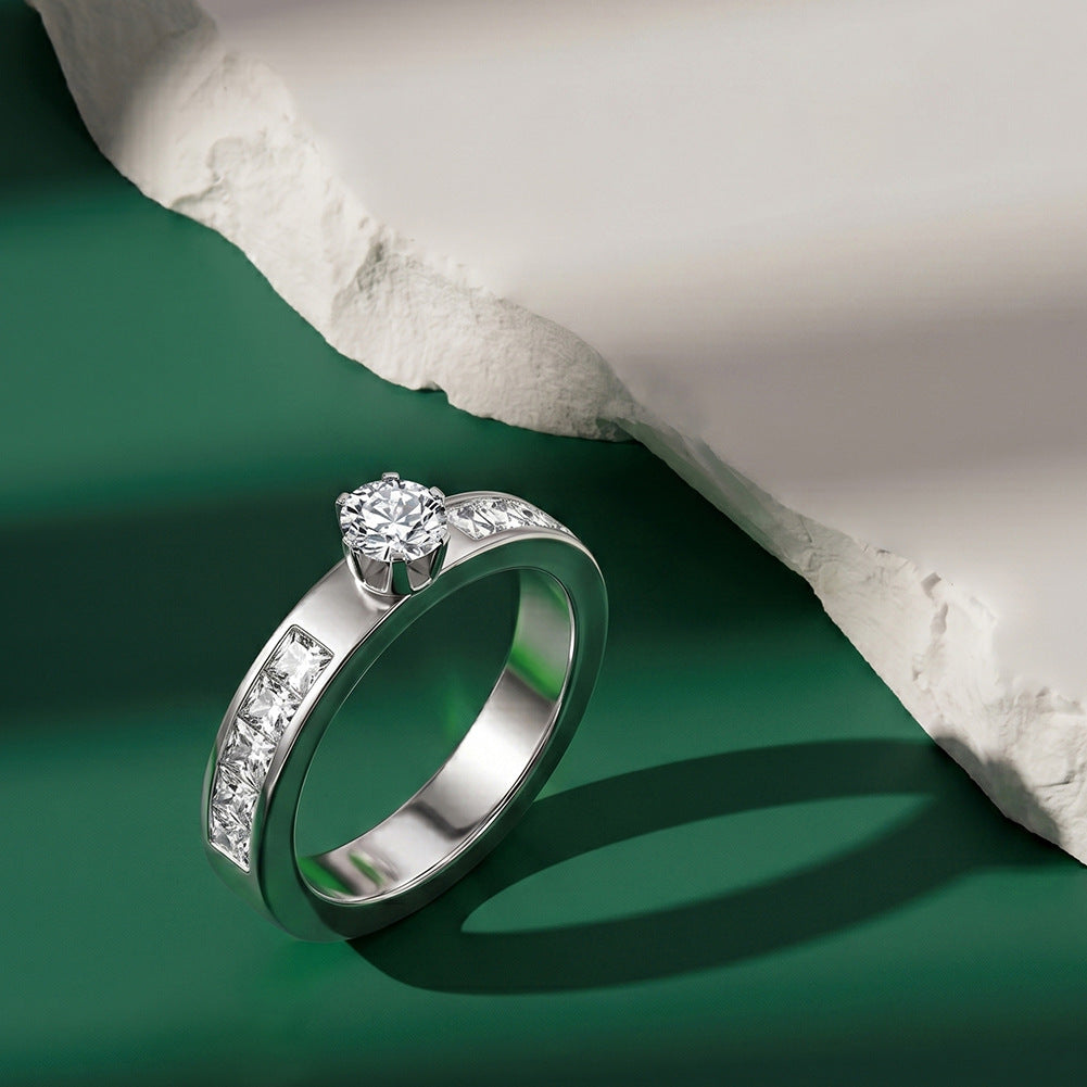 Gold Plated Stainless Steel Ring, Round CZ Solitaire with Baguette Side Stones Band