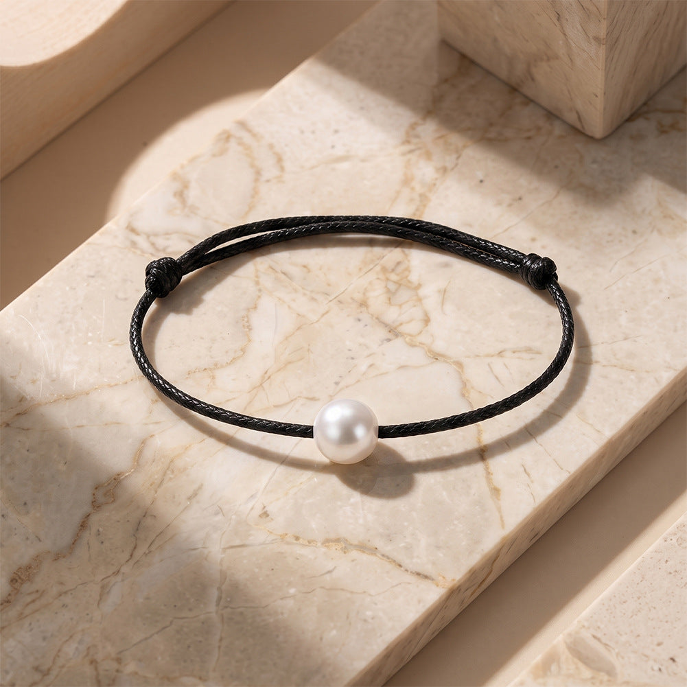 Minimalist Black Wax Cord Bracelet, Single Lustrous Round Freshwater Pearl, Adjustable Sliding Knot Closure