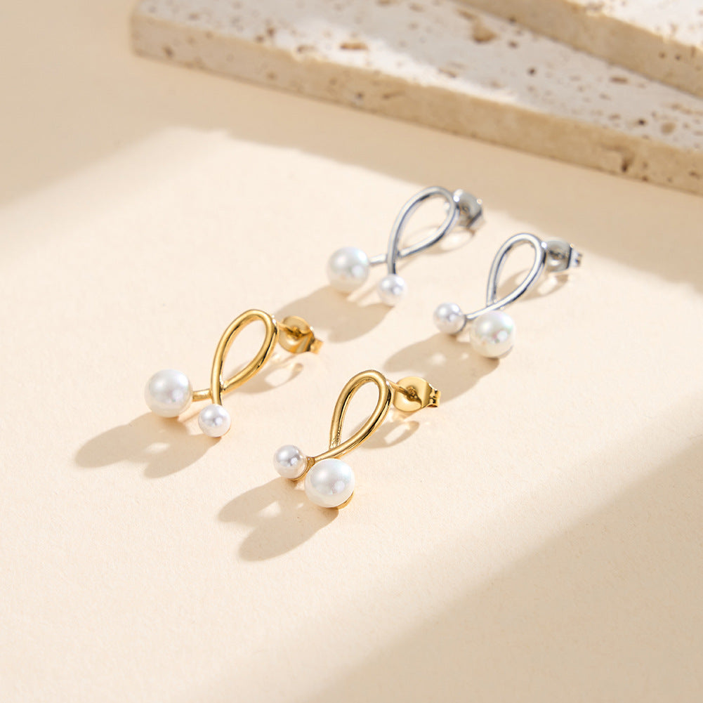 Silver Stainless Steel Twisted Ribbon Stud Earrings with Two Round Pearls