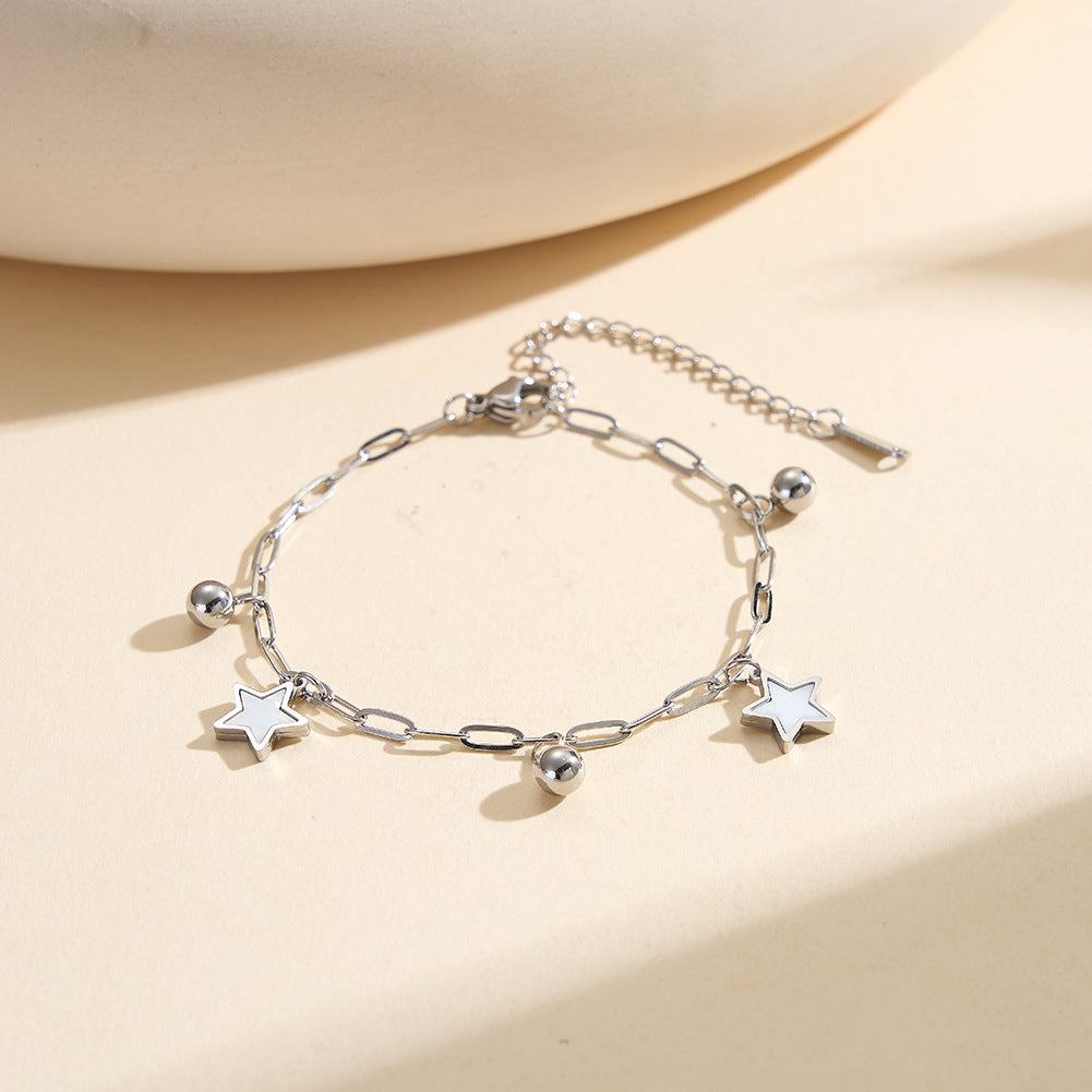 Gold Plated Stainless Steel Paperclip Chain Bracelet, 2 Mother of Pearl Star Charms & Round Metal Ball Beads, Adjustable