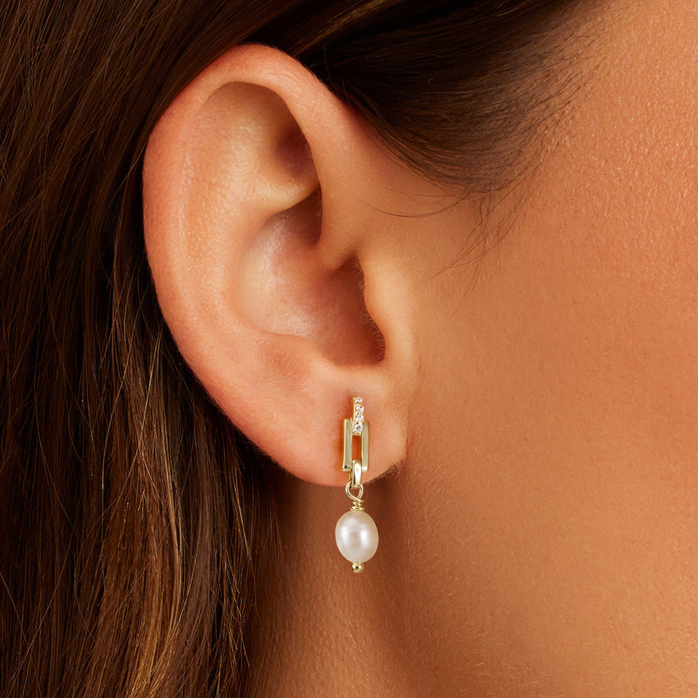 S925 Sterling Silver Paperclip Link CZ Accent Teardrop Freshwater Pearl Dangle Earrings, Geometric Chain Oval Lustrous Pearl Drop Earrings
