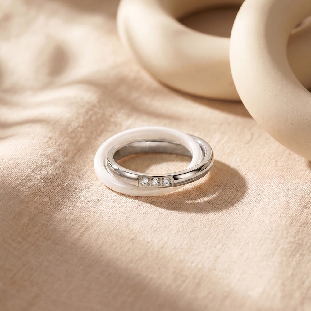 Gold Plated Stainless Steel Intertwined Ring Set, Gold Steel Band with 3 Round CZ & White Ceramic Ring