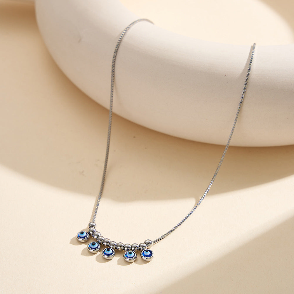 Gold Stainless Steel Evil Eye Beaded Necklace, Blue Enamel Evil Eye Charms with Gold Round Ball Beads, Box Chain