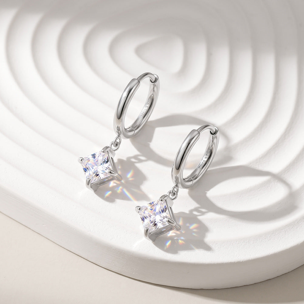 Gold Plated 316 Stainless Steel Huggie Hoop Earrings with Square Princess Cut Clear Cubic Zirconia Dangle Charm