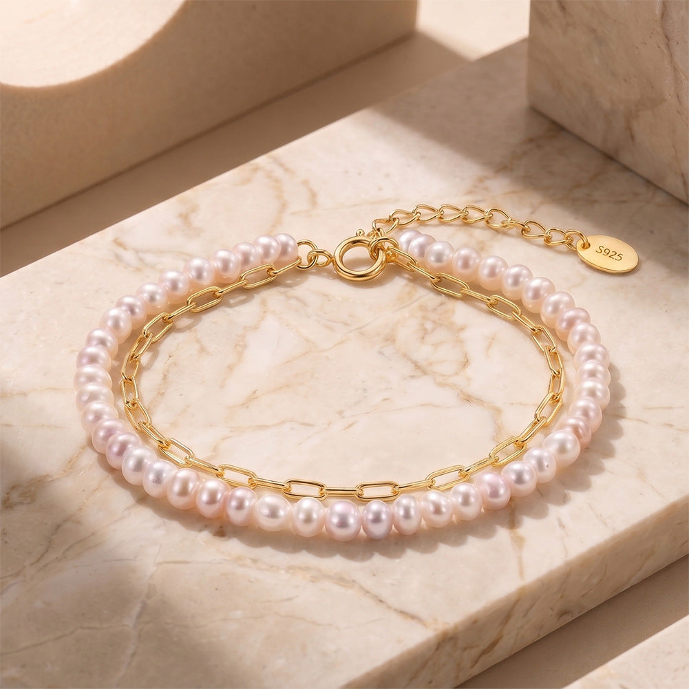 S925 Sterling Silver Double Layer Bracelet, Dainty Pastel Rice Freshwater Pearl Strand Paired with Paperclip Chain, Adjustable Extension Chain