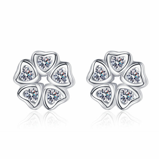 925 Sterling Silver Moissanite Heart Flower Stud Earrings