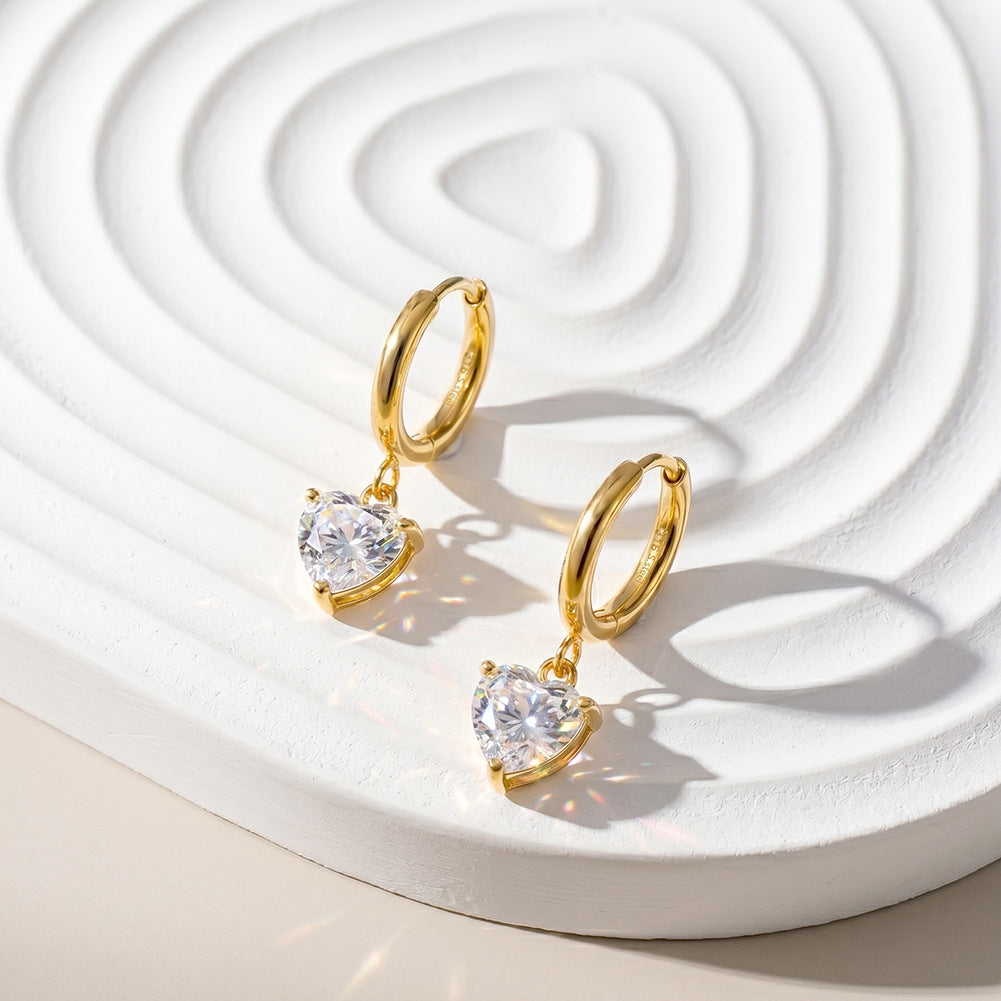 Gold Plated 316 Stainless Steel Huggie Hoop Earrings with Heart Shape Clear Cubic Zirconia Dangle Charm