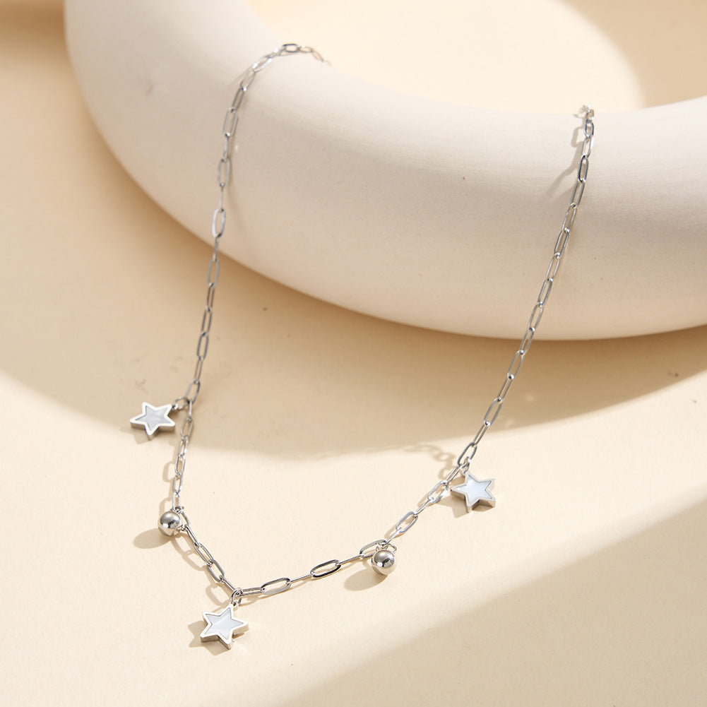 Gold Stainless Steel Paperclip Star Necklace, White Shell Inlay Star Pendants with Round Gold Ball Charms