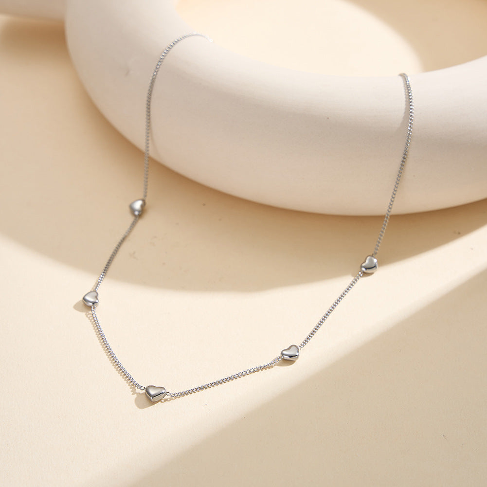 Gold Stainless Steel Multi Station Heart Necklace, Five Small Polished 3D Heart Charms Along Dainty Rolo Chain