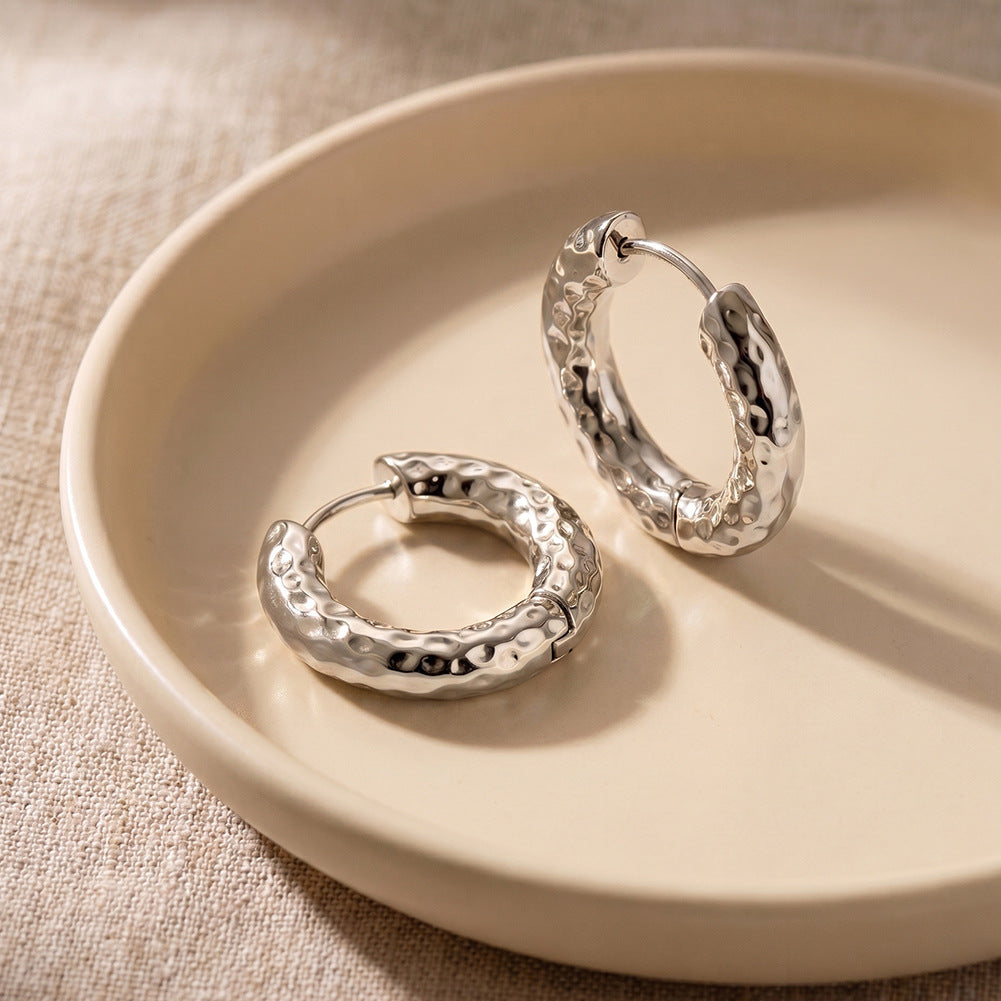 Gold Plated Stainless Steel Hammered Texture Round Huggie Hoop Earrings