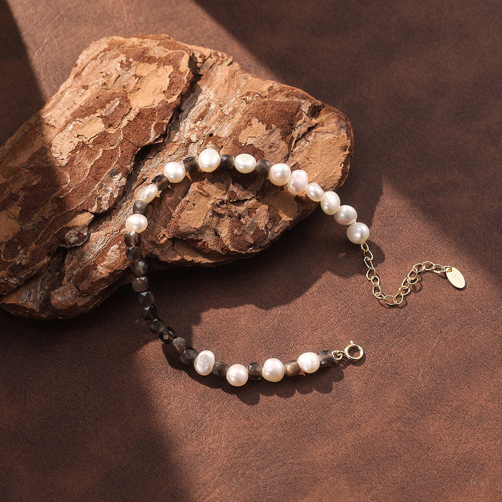 MPB26S925 Gold Plated Beaded Bracelet, Irregular Lustrous Freshwater Pearls paired with Smoky Quartz Faceted Beads, Adjustable Tassel Extension Chain