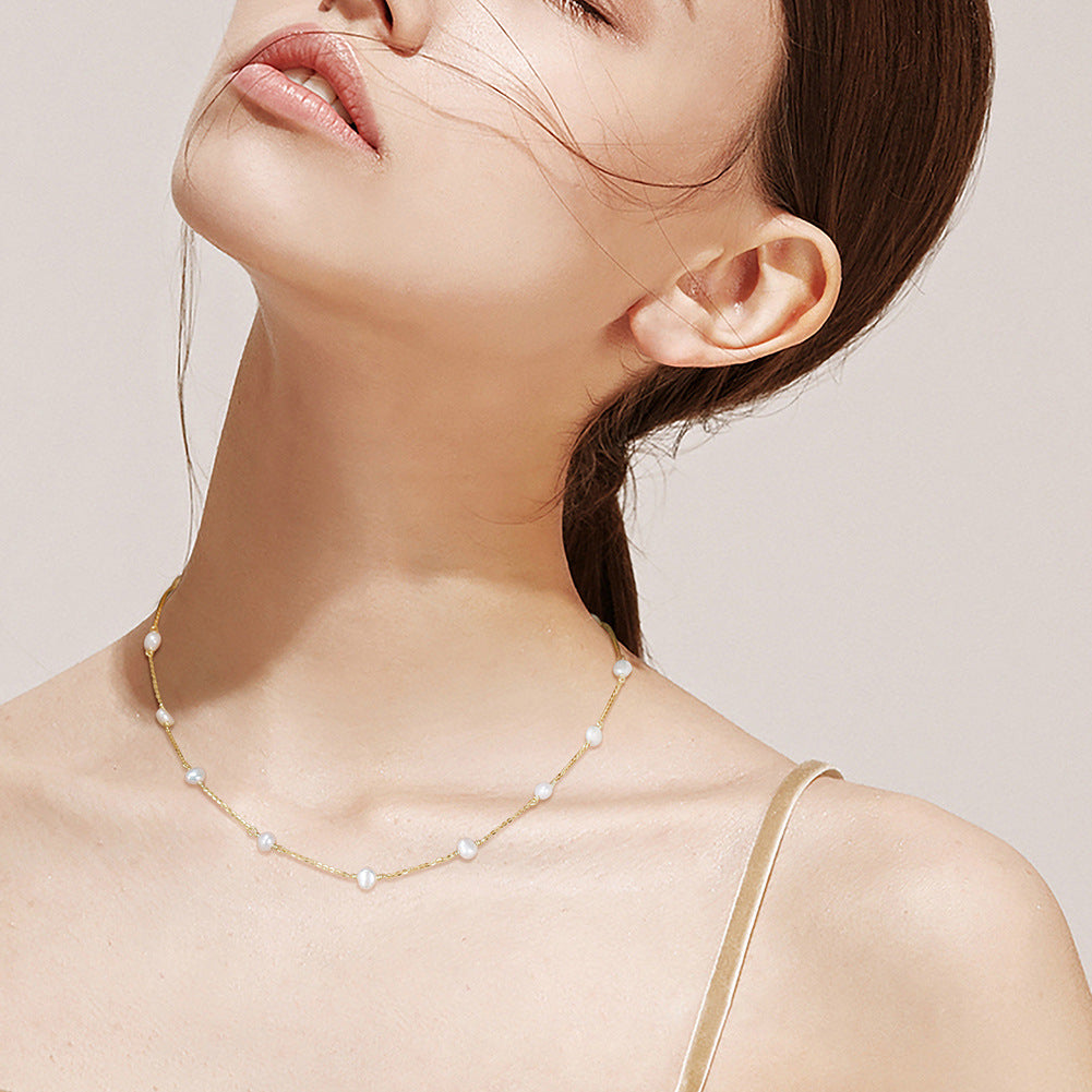 Silver Floating Station Pearl Necklace, Multi Lustrous Potato Freshwater Pearls Evenly Spaced Thin Cable Chain