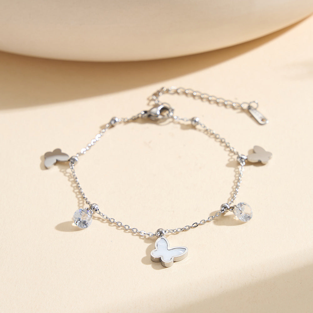 Gold Plated Stainless Steel Dainty Cable Chain Butterfly Bracelet, Mix Butterfly Charms with Round CZ Crystals & Metal Spacer Beads