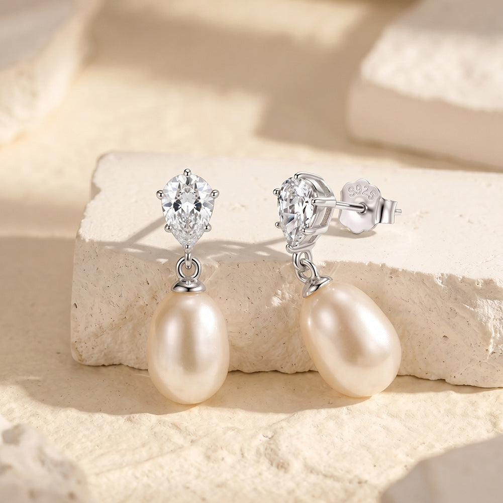 S925 Sterling Silver Pear Cut CZ Teardrop Freshwater Pearl Dangle Earrings, Pear Shape Cubic Zirconia with Lustrous Drop Pearl Earrings