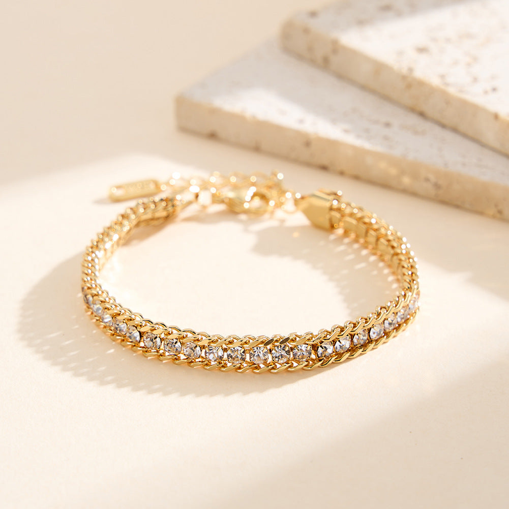 Silver Stainless Steel Double Row CZ Braided Bracelet, Inlaid Cubic Zirconia Woven Chain, Adjustable Extension