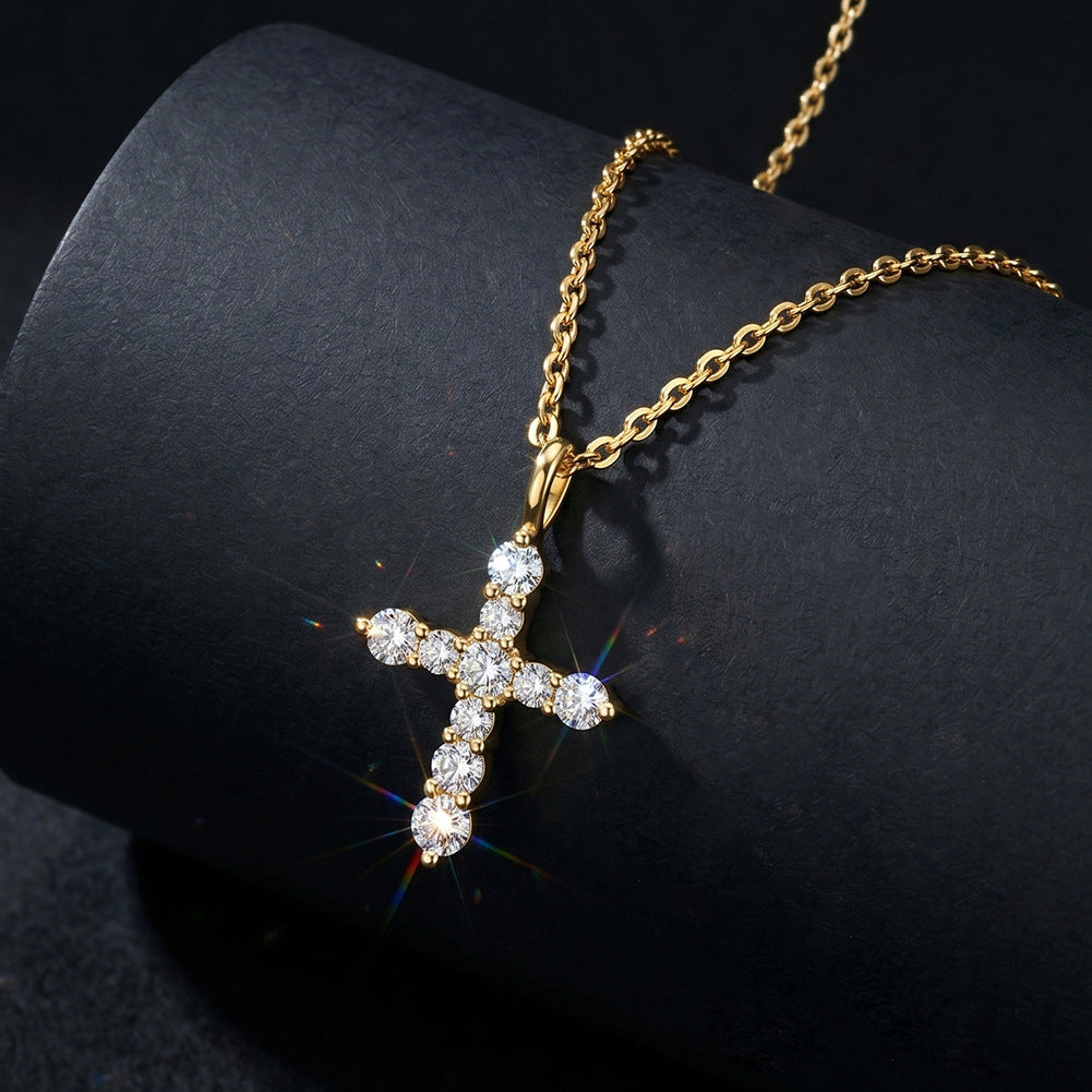 Gold Stainless Steel CZ Cross Necklace, Round Cut Clear Cubic Zirconia Paved Cross Pendant, Thin Rolo Chain