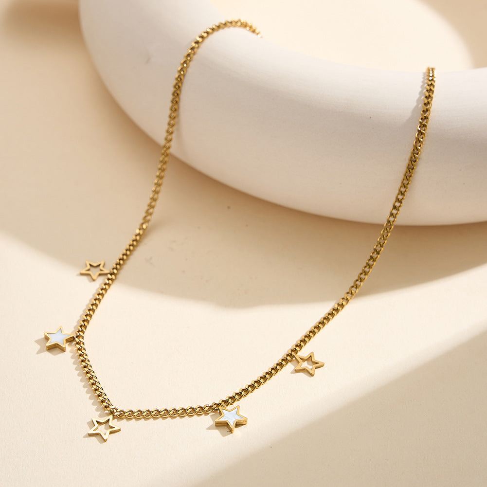 Gold Stainless Steel Cuban Star Choker, Hollow Outline Star & White Mother of Pearl Inlaid Star Dangling Charms