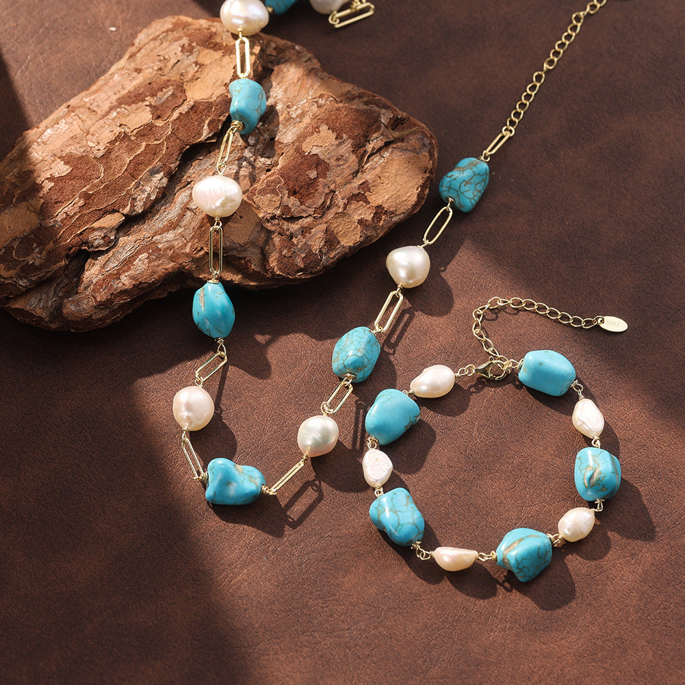 S925 Gold Plated Turquoise Pearl Bracelet, Irregular Baroque Lustrous Freshwater Pearls & Raw Turquoise Beads, Hand Wire Wrapped, Adjustable Extension Chain