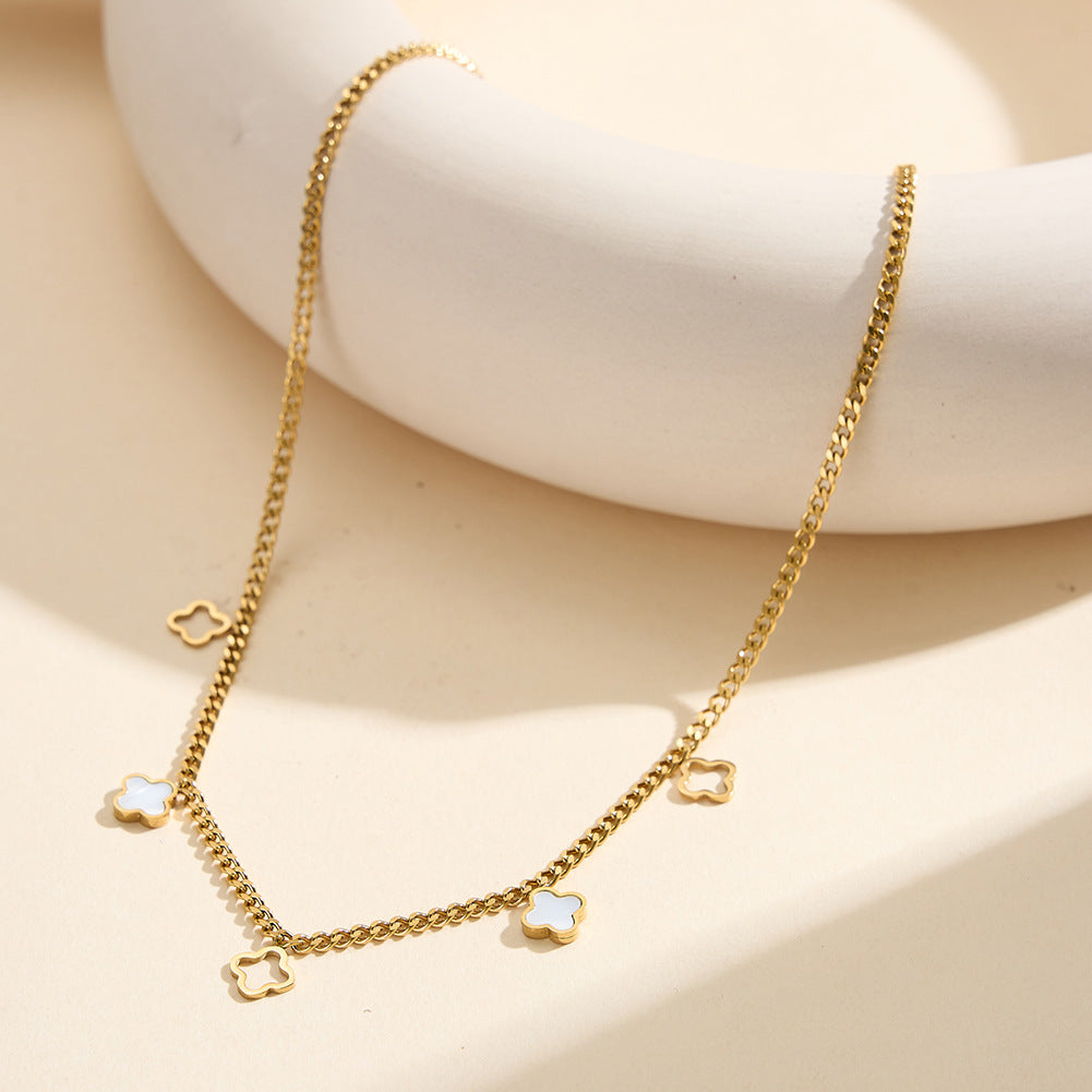 Gold Stainless Steel Clover Choker Necklace, Hollow & White Shell Inlaid Four Leaf Clover Charms, Cuban Link Chain