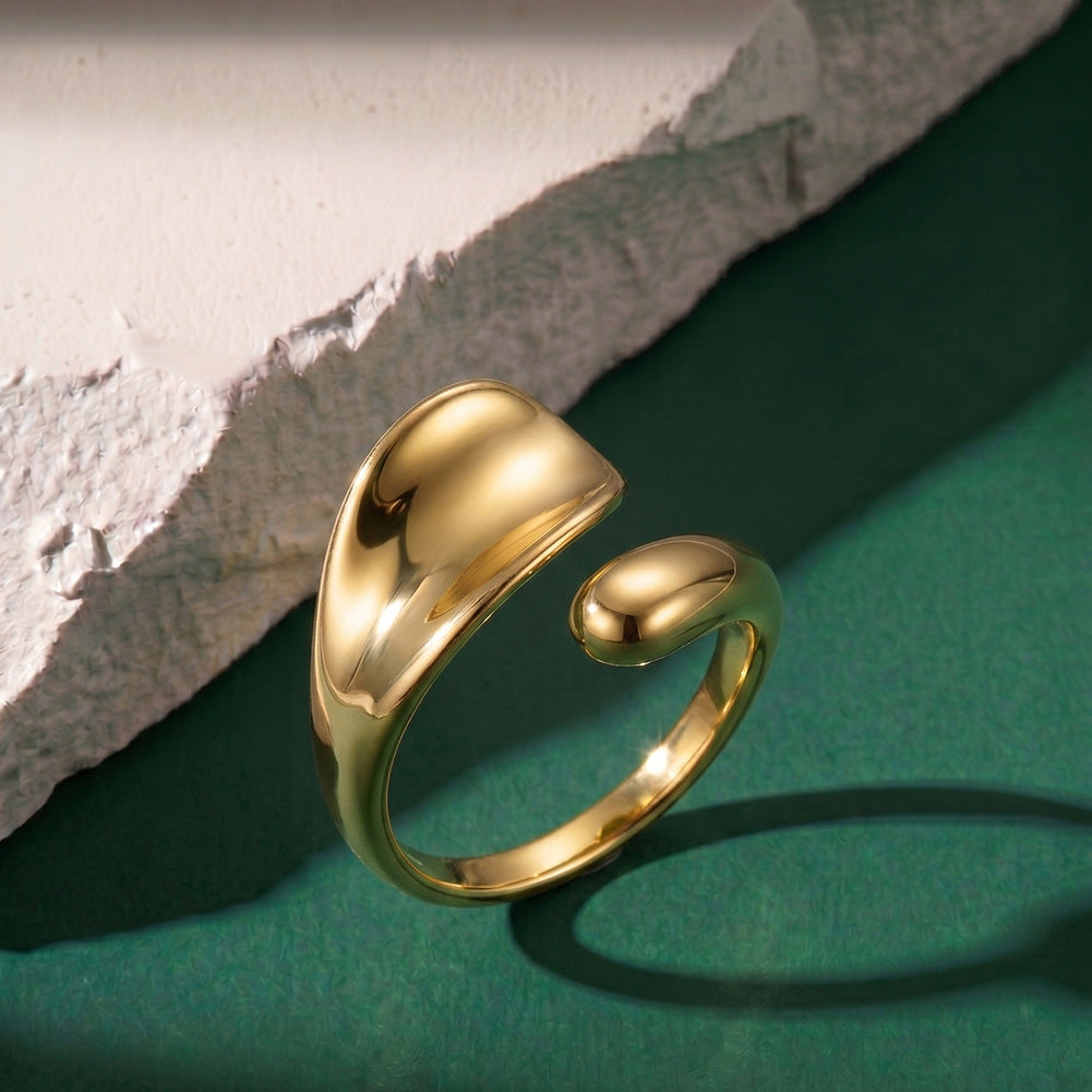 Gold Plated Stainless Steel Asymmetrical Open Cuff Ring, Smooth Curved Sculpted Surface
