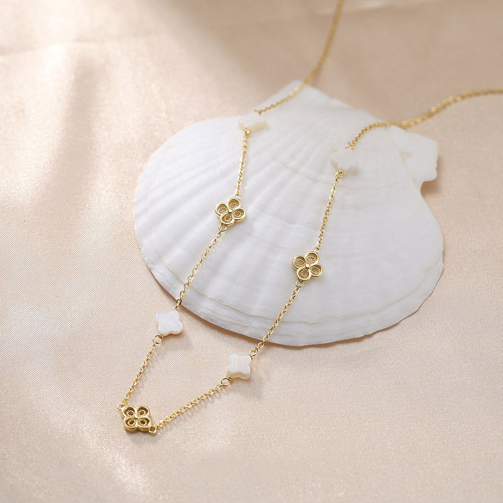 Silver Mixed Clover Station Necklace, White Mother of Pearl Clovers paired with CZ Paved Four Leaf Clover Charms