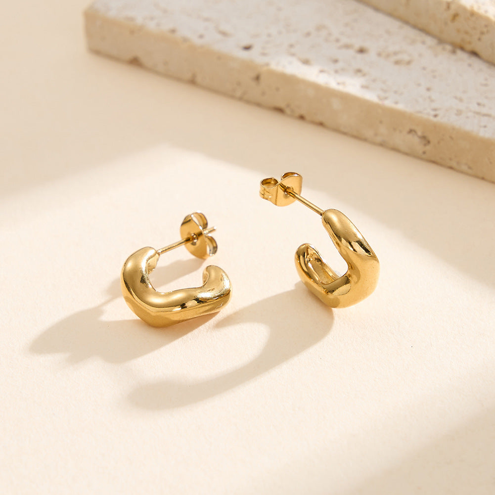Gold Plated Stainless Steel Smooth Curved Bean Shape C Stud Earrings