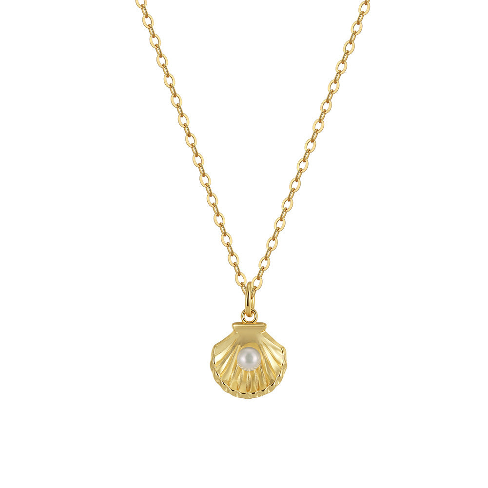 Seashell Freshwater Pearl Necklace, Mini Round Glossy Pearl Inside Shell Silver Pendant Necklace