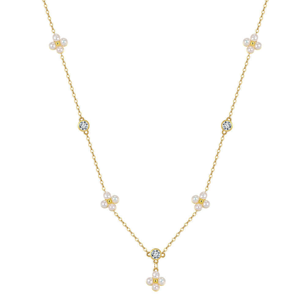 Flower Cluster Freshwater Pearl Station Necklace, Tiny Lustrous White Pearl Flower Accents with Cubic Zirconia S925 Silver Chain