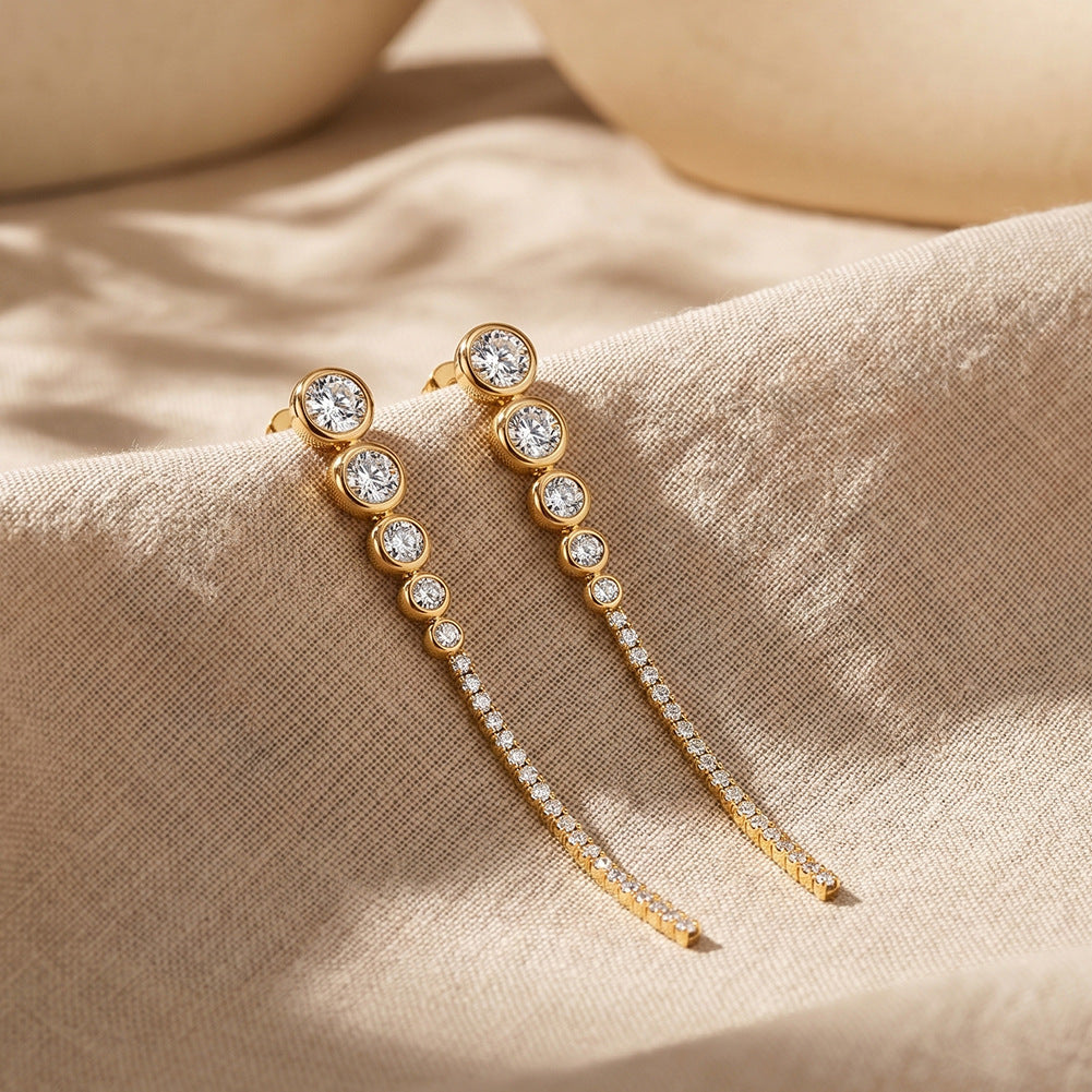 Gold Plated Stainless Steel Graduated Round CZ Long Tassel Dangle Earrings
