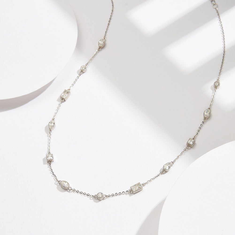 Gold Stainless Steel Multi Shape CZ Station Necklace, Oval Square Pear Round Mixed Cut Clear Zirconia Thin Chain