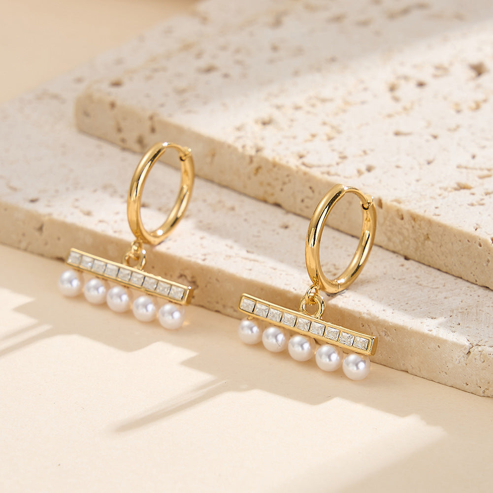 Gold Plated Stainless Steel Horizontal Bar CZ & Pearl Drop Huggie Hoop Earrings