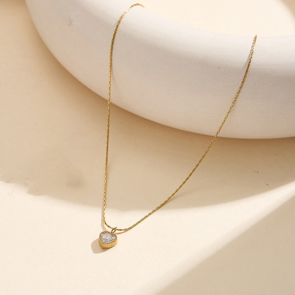 Gold Stainless Steel Bezel Heart CZ Necklace, Heart Shape Cubic Zirconia Surrounded by Tiny Beaded Frame, Thin Rectangle Link Chain