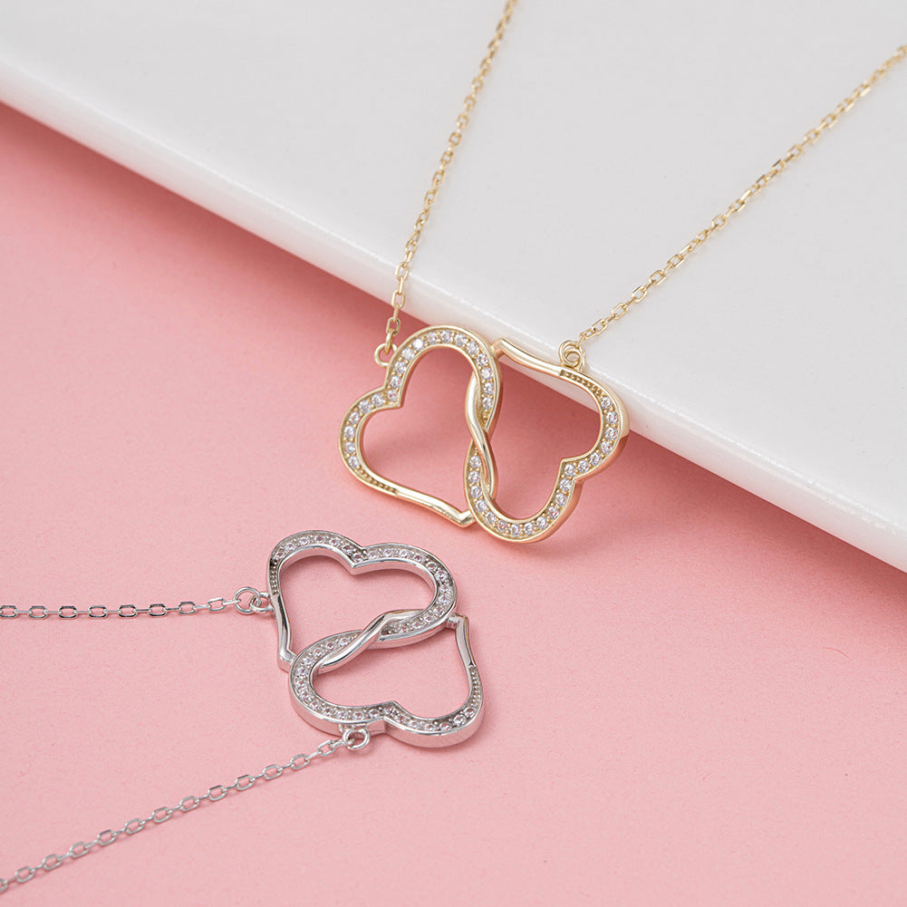 Silver Stainless Steel Interlocking Double Heart Necklace, Paved CZ Hollow Linked Heart Paperclip Chain Necklace