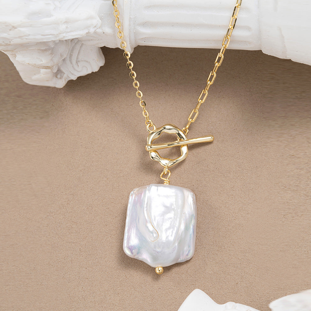Gold Stainless Steel Baroque Square Pearl Pendant Necklace, OT Toggle Clasp Mixed Link Chain Necklace