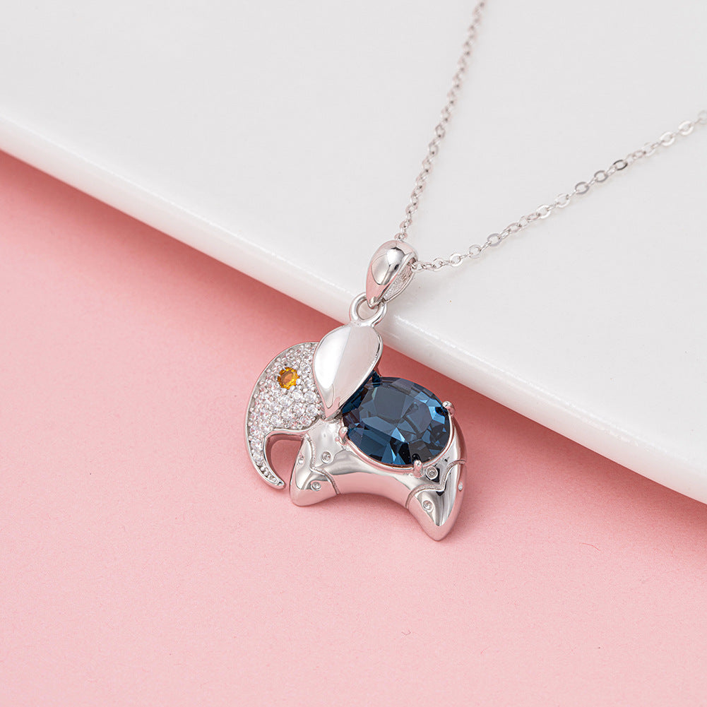Silver Stainless Steel Elephant Pendant Necklace, Large Blue Round CZ & Micro Pave Clear Zircon Animal Charm